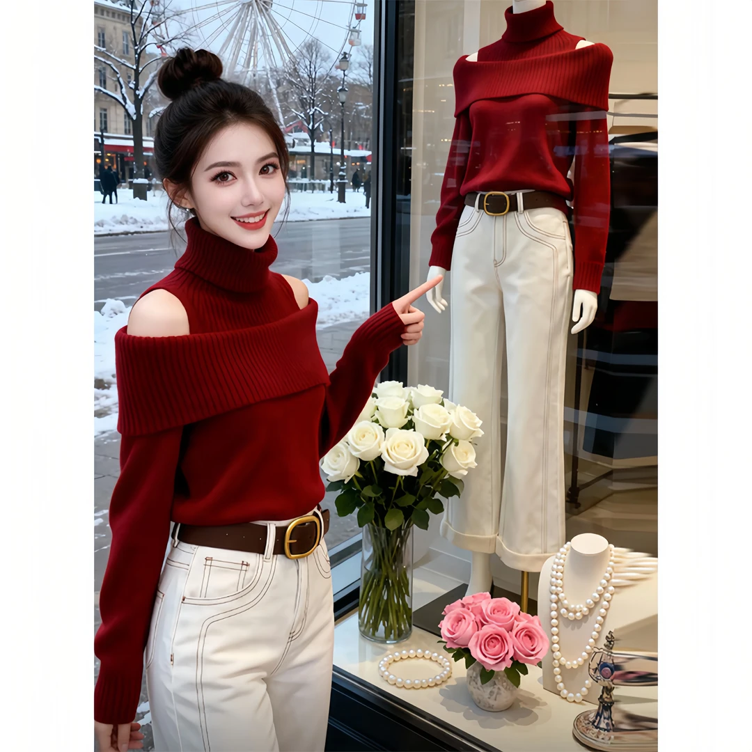 高领露肩长袖针织衫女内搭秋冬法式短款毛衣修身显瘦上衣