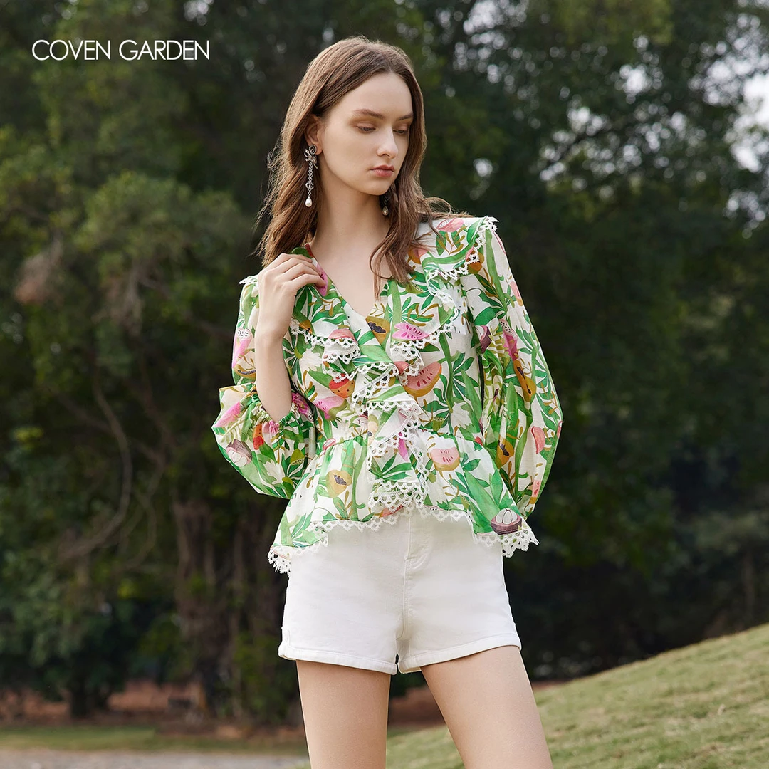 哥文花园 天丝荷叶边印花衬衫 CLA2011070 COVEN GARDEN