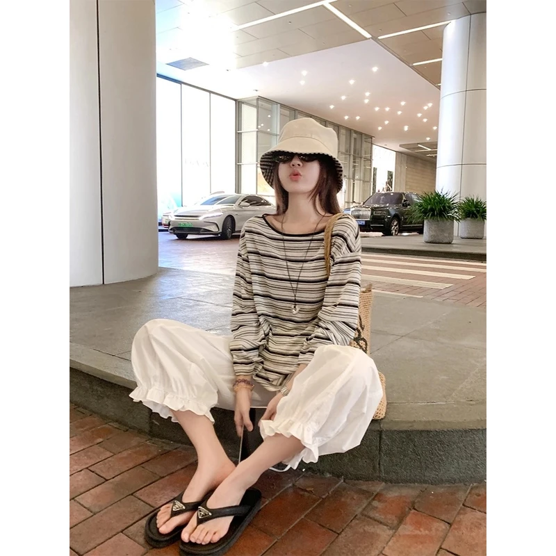 早秋薄款黑色条纹长袖T恤女宽松慵懒风t恤上衣2025秋季新款