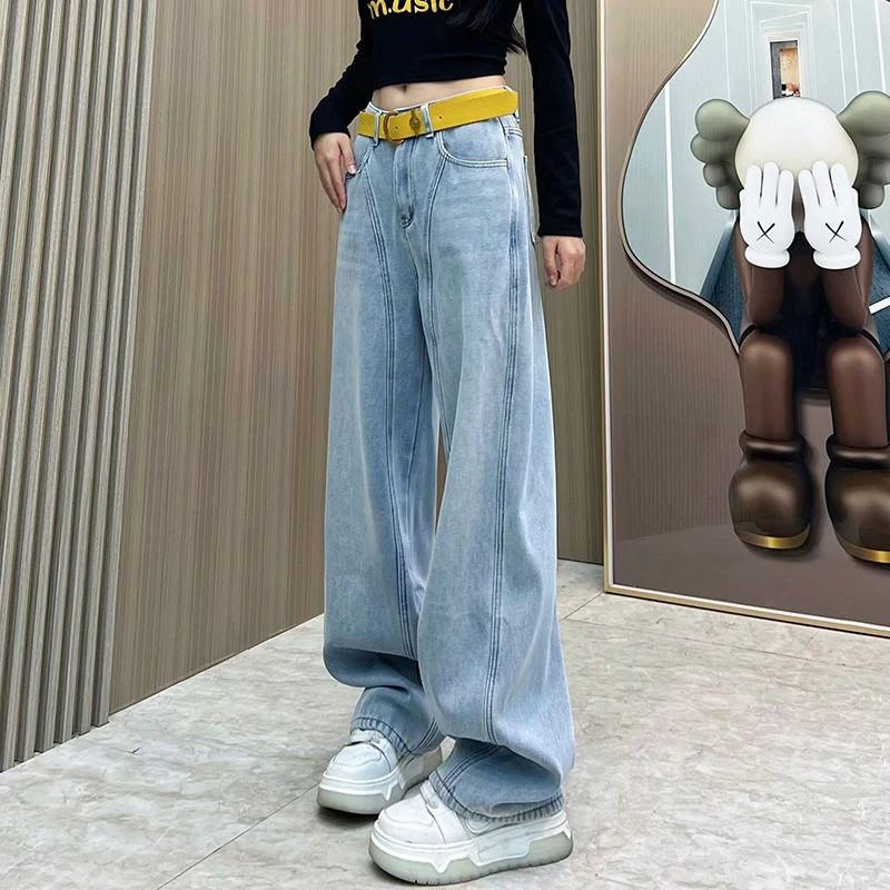 明线设计牛仔裤女2024冬季加绒加厚阔腿裤浅色水洗休闲显瘦拖地裤