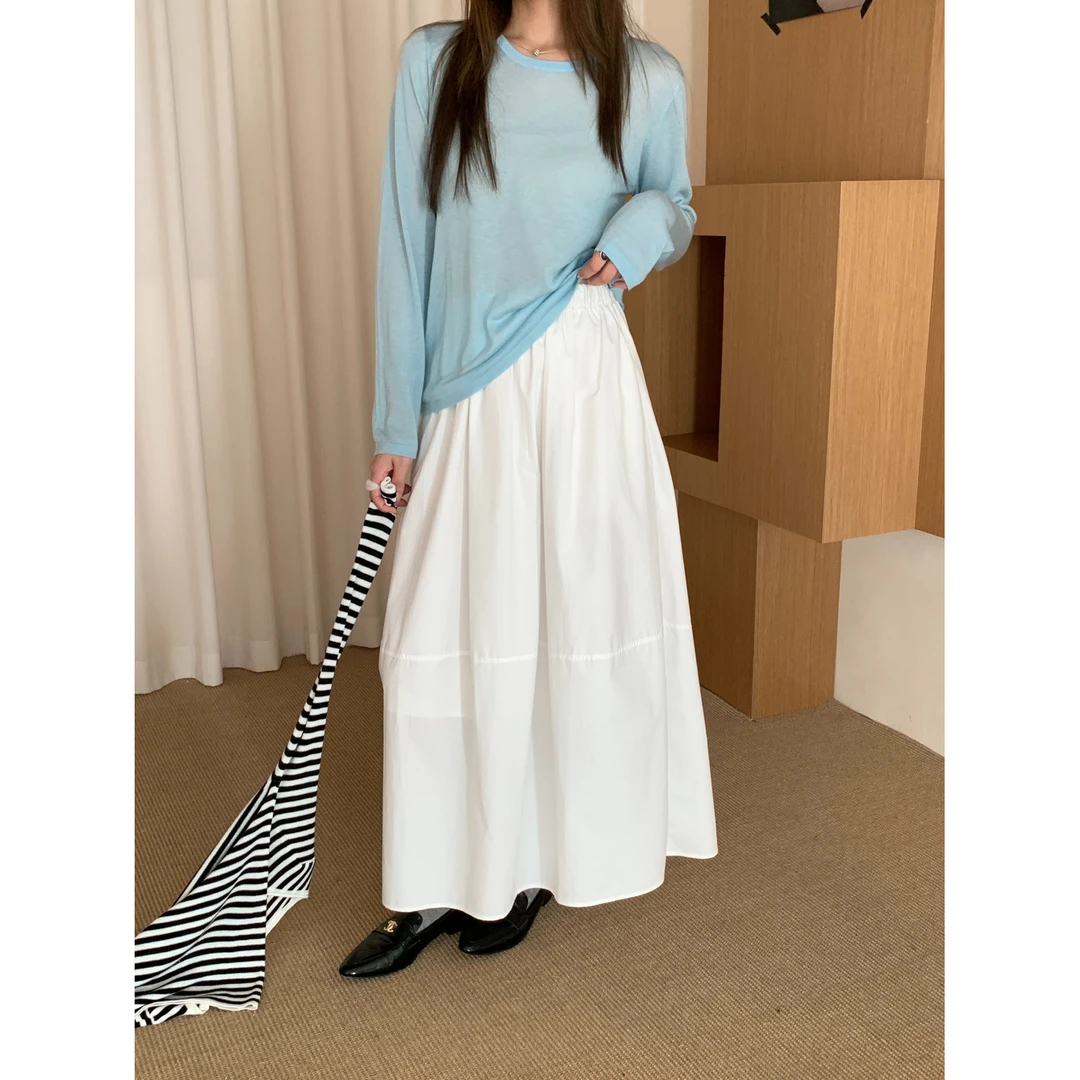 韩系简约白色半身裙女2025秋冬新款松紧腰显瘦休闲小个子a字伞裙
