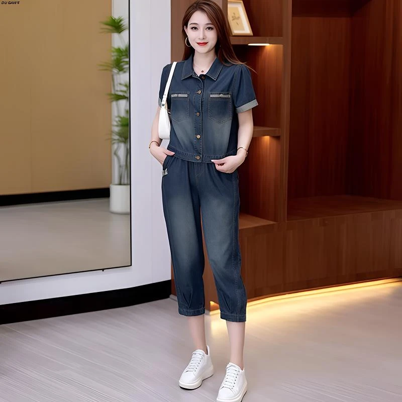 港风复古牛仔套装女2025年夏季新款短袖外套七分裤时尚减龄两件套