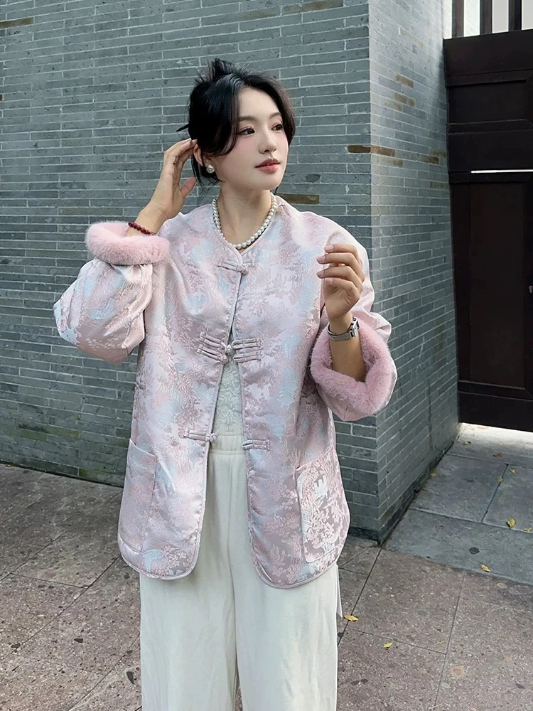 两面穿提花水貂毛外套女欧货2025冬季宽松中式国风