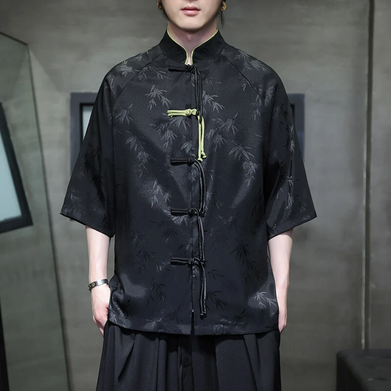 夏季新中式竹叶提花插肩袖盘扣短袖衬衫中国风立领宽松唐装30503