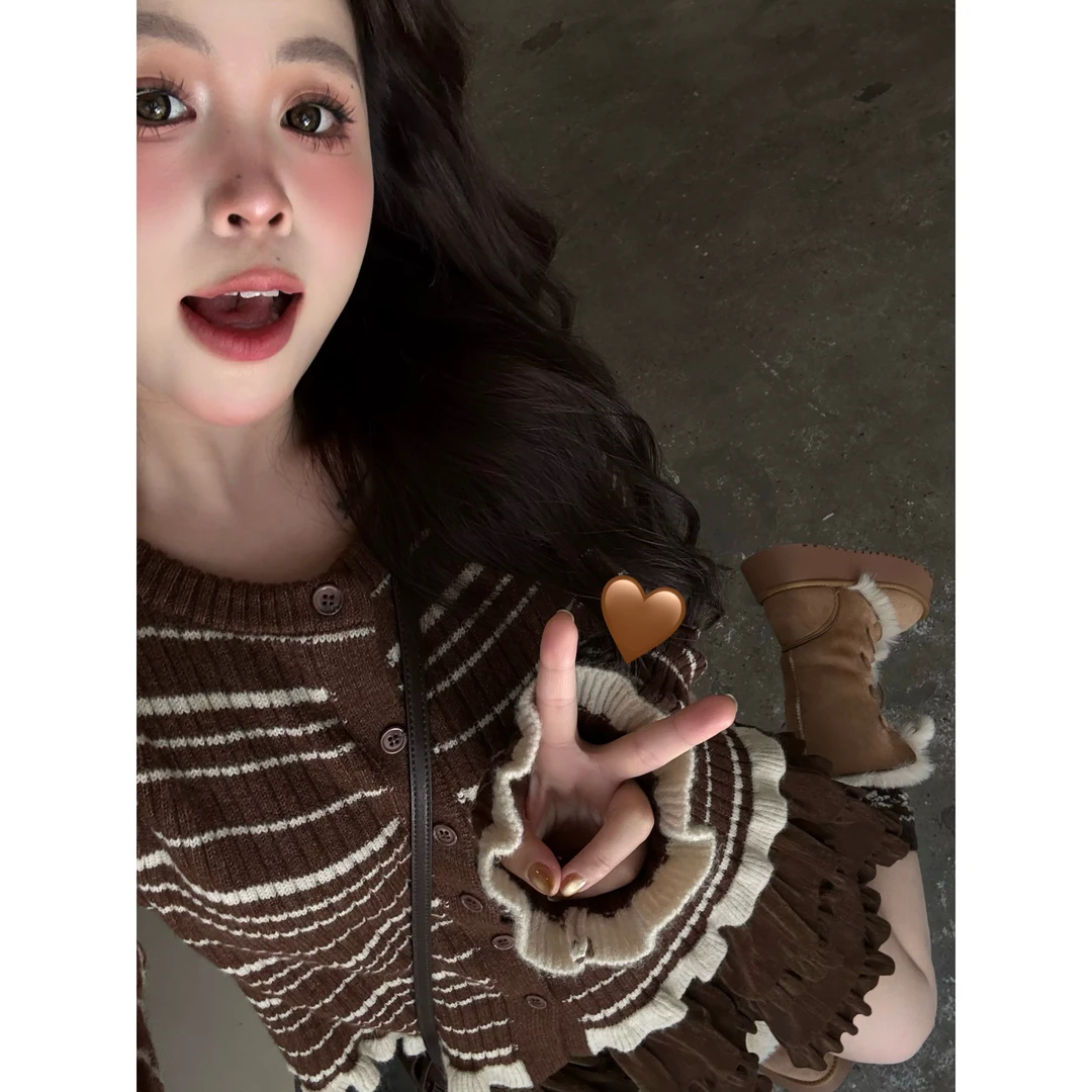 晶咕【焦糖可颂】复古条纹木耳边针织开衫