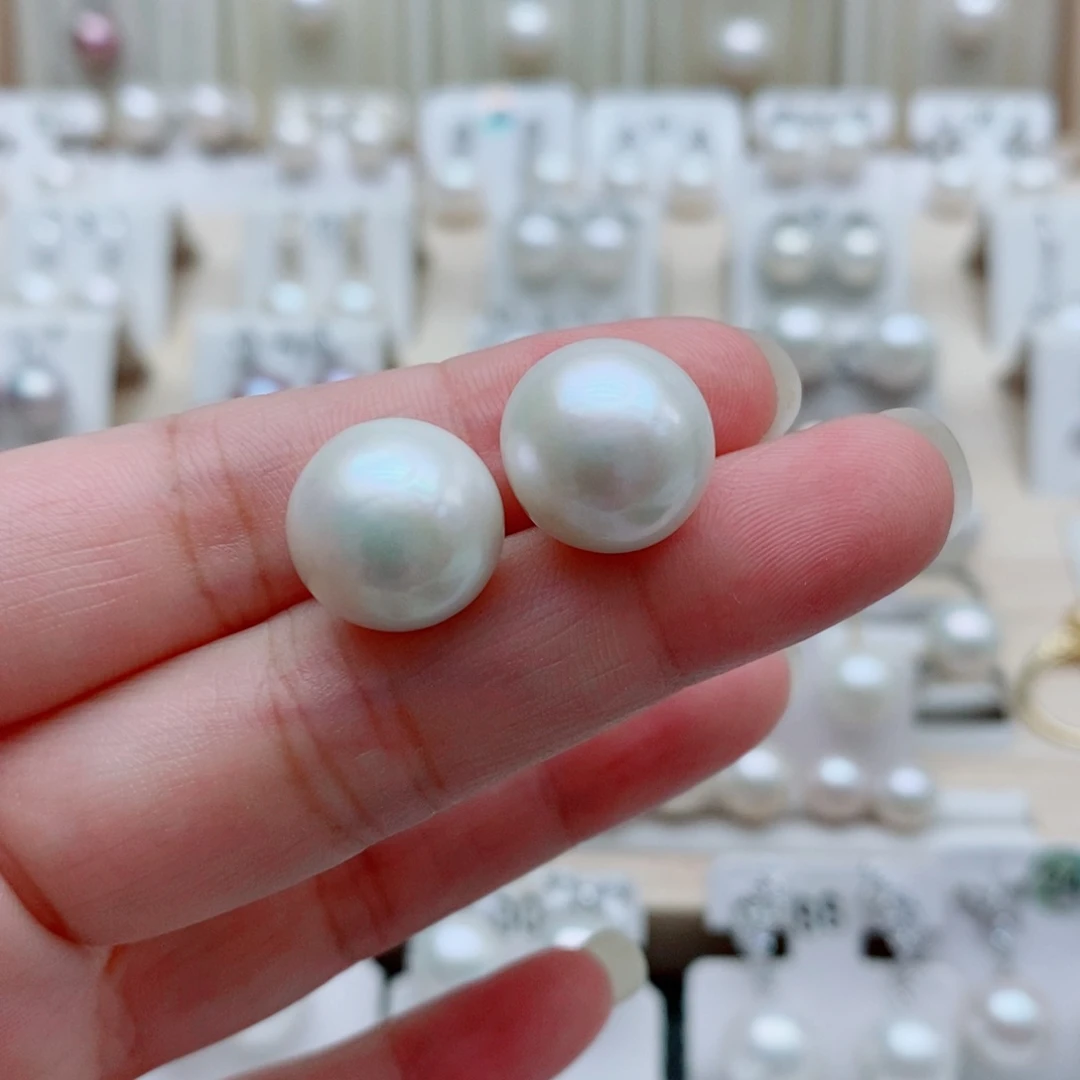 @***）银S925镶嵌淡水珍珠耳饰13mm