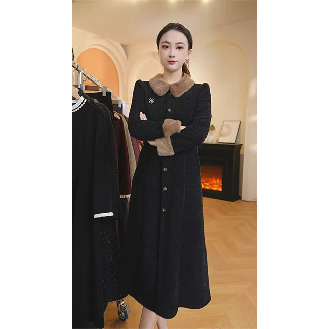 L8227 高级个性气质时尚遮肉2024年秋冬新款连衣裙中长款收腰修身