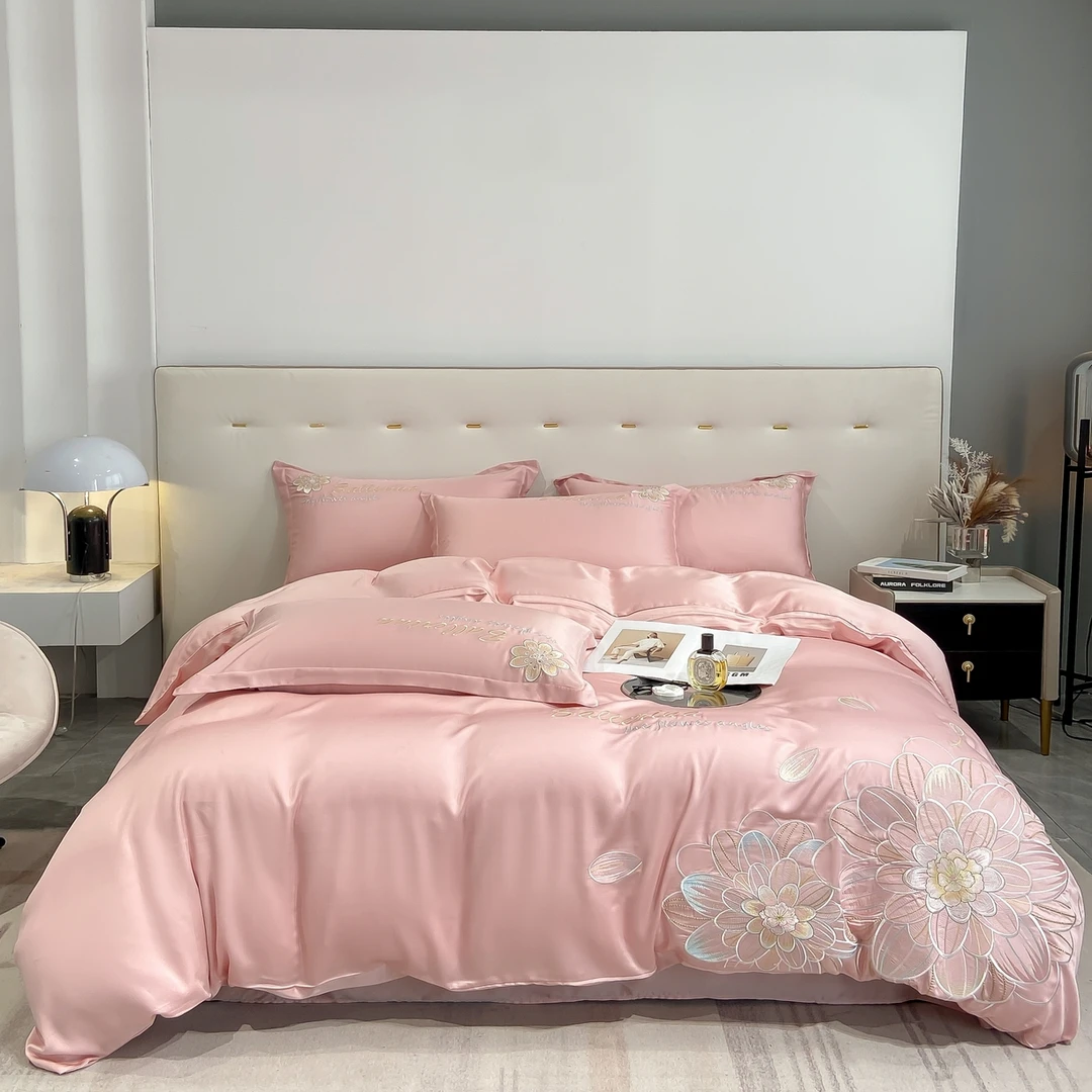 正品四件套超柔水洗冰丝刺绣款四件套纯色简约单双人被套