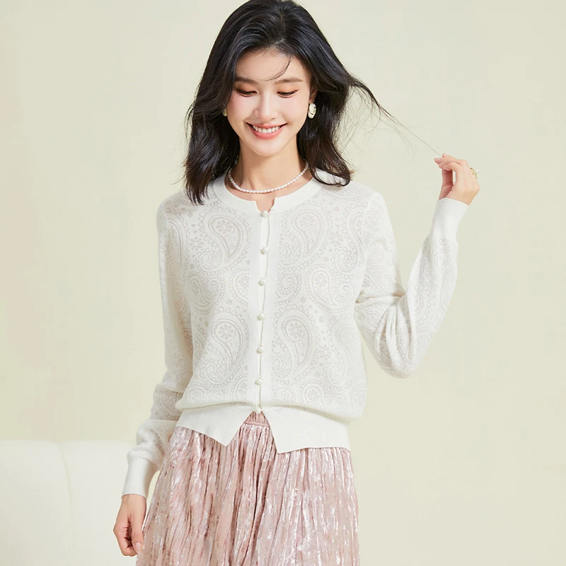 金菊含桑蚕丝【国风圆领珍珠扣上衣】25薄款女式针织衫外套Y8A82090