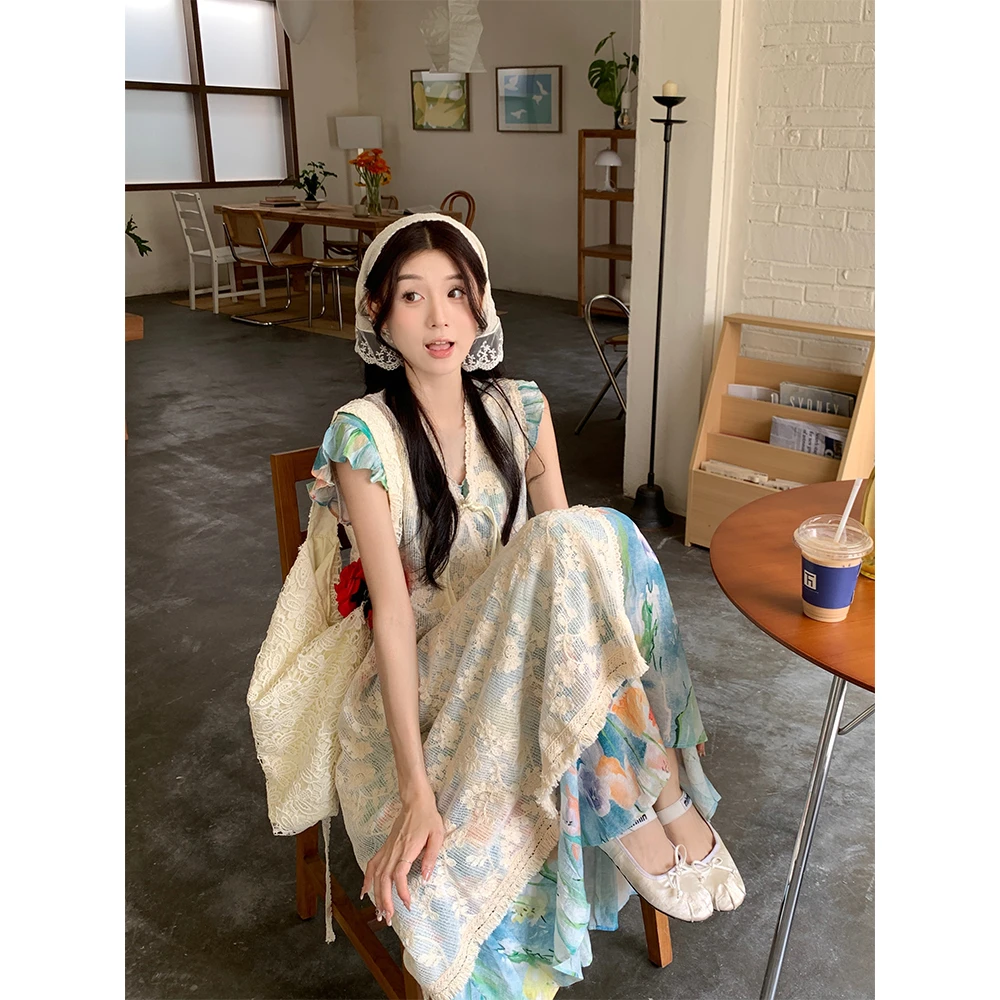 实拍 莫奈后花园~夏韩chic复古彩色油画连衣裙+蕾丝罩衫