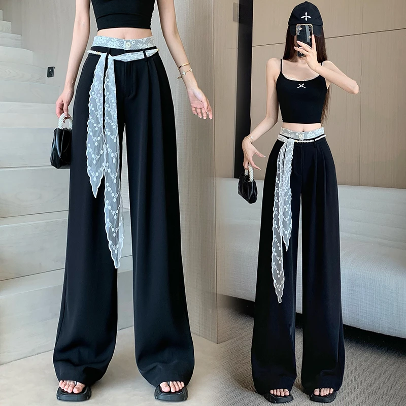 美式蕾丝拼接西装裤女宽松直筒春夏设计感高腰阔腿裤垂坠感拖地裤