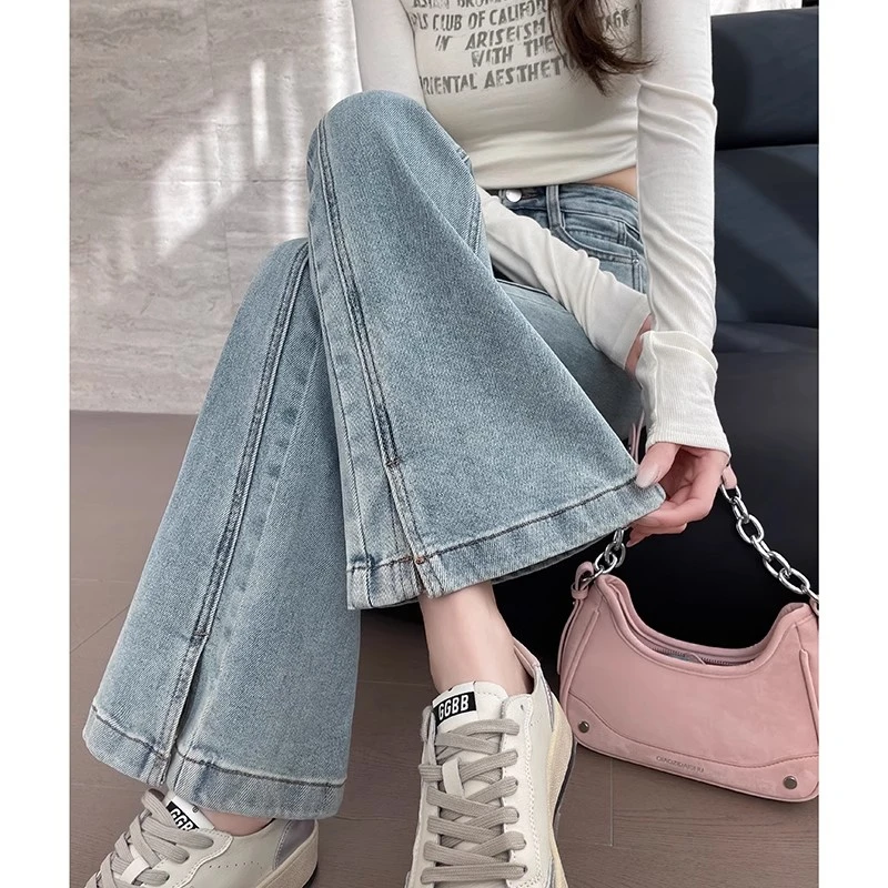 加绒开叉微喇牛仔裤女秋冬季2025年新款高腰显瘦浅色百搭喇叭裤子