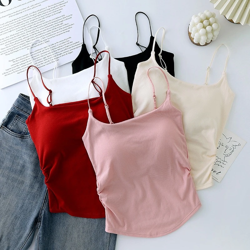 新款纯欲甜辣设计感褶皱吊带背心女外穿内搭带胸垫修身美背上衣夏