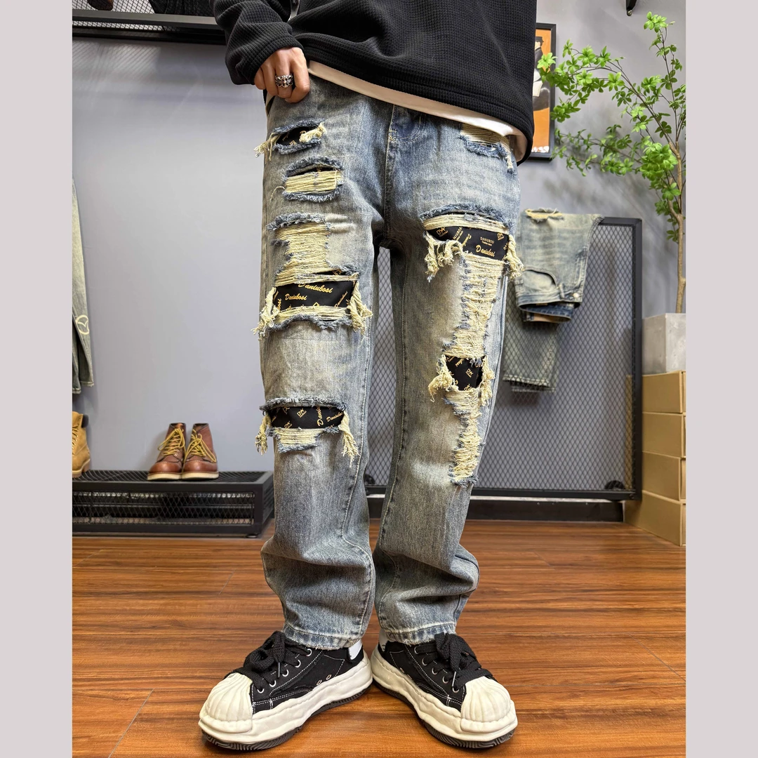 秋冬美式复古潮牌牛仔裤男士宽松直筒破洞补丁哈伦裤长裤C9017