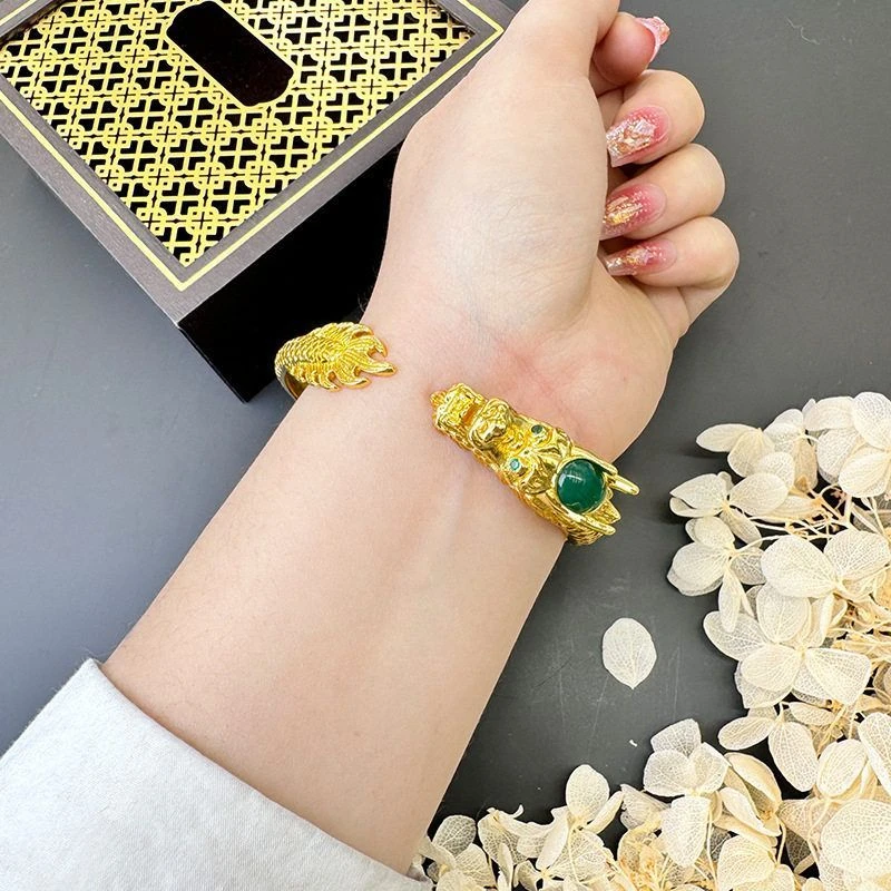 黄铜手镯 古法传承金典龙镯复古生肖龙环镀金男女同款镀金龙形镯