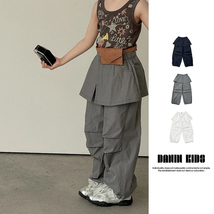 【嗒囜】女童裤子春夏新款宽松真两件屁帘工装裤潮酷痞帅童装休闲裤