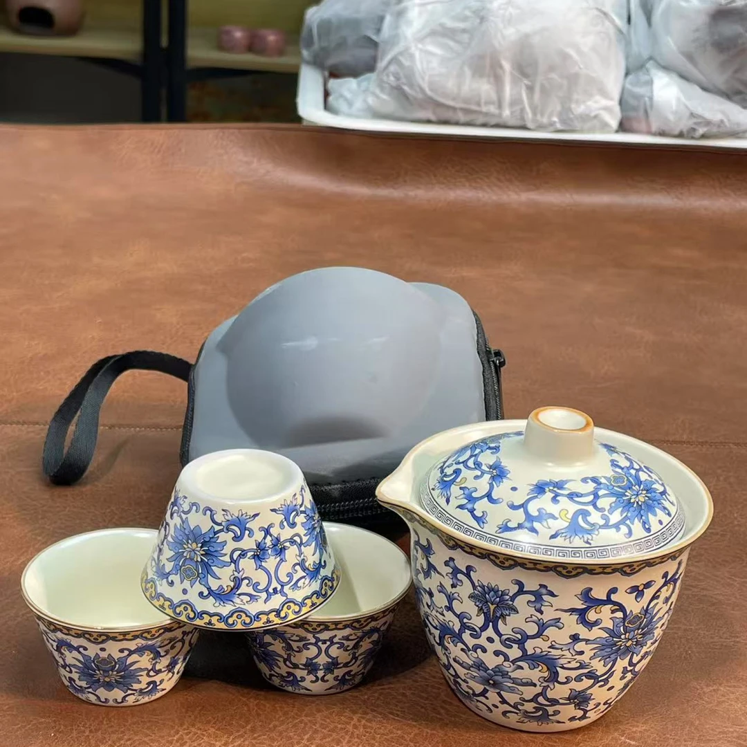 桃子茶器 定窑手抓盖碗-缠枝莲-旅行茶具-灰包-5619（直播专享）