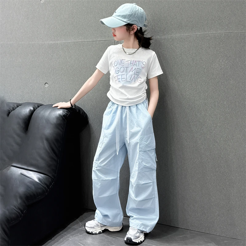 女童夏季字母薄款甜酷风套装嘻哈上衣工装束脚显瘦百搭时尚两件套