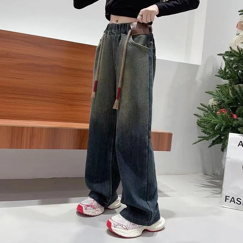 2025春季新款时尚女童牛仔裤儿童春秋季直筒裤子宽松女大童阔腿