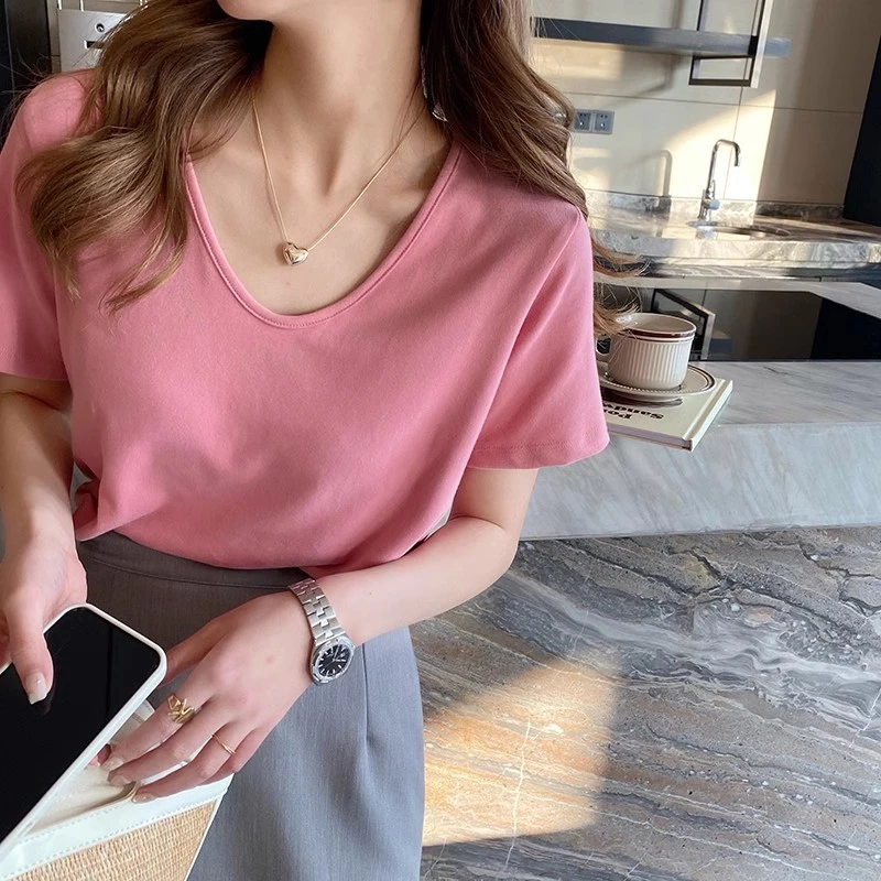 白色短袖T恤女棉夏季2025新爆款纯色宽松v领内搭薄款短袖上衣体恤