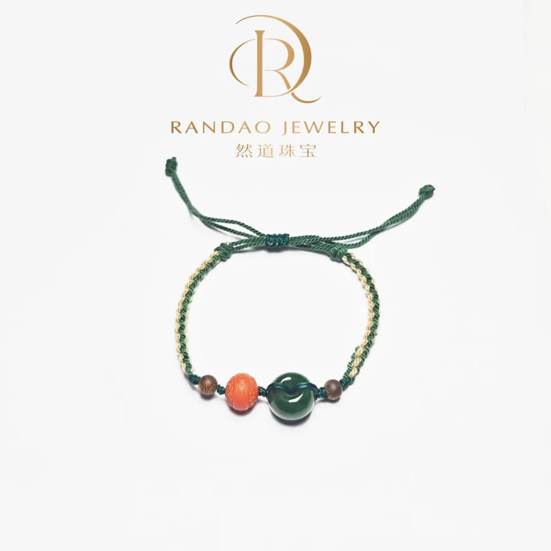 【然道珠宝】和田碧玉翠根料平安扣DIY南红金福款手绳