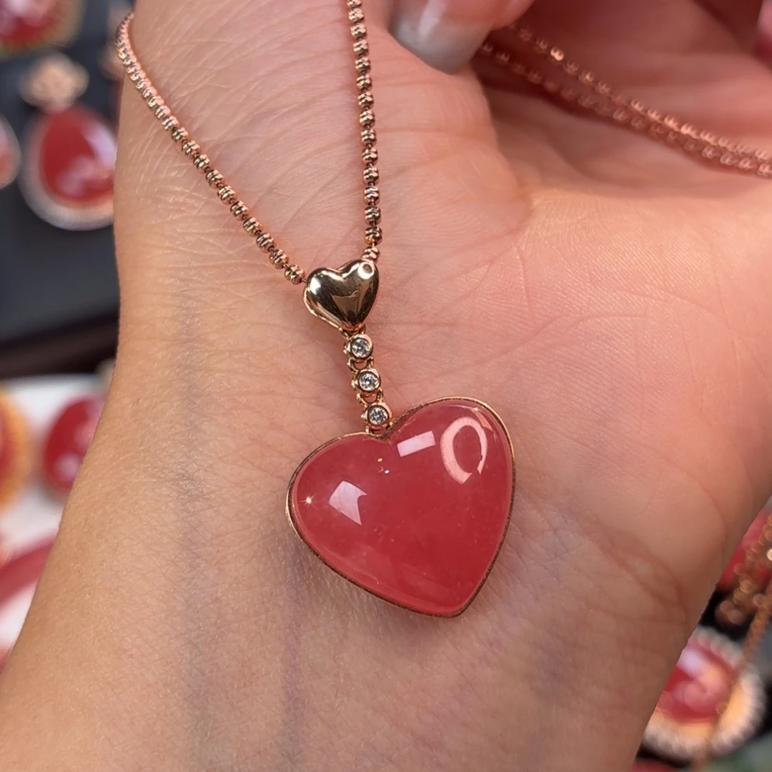 菱锰矿（红纹石）18K金镶嵌吊坠(不含链)