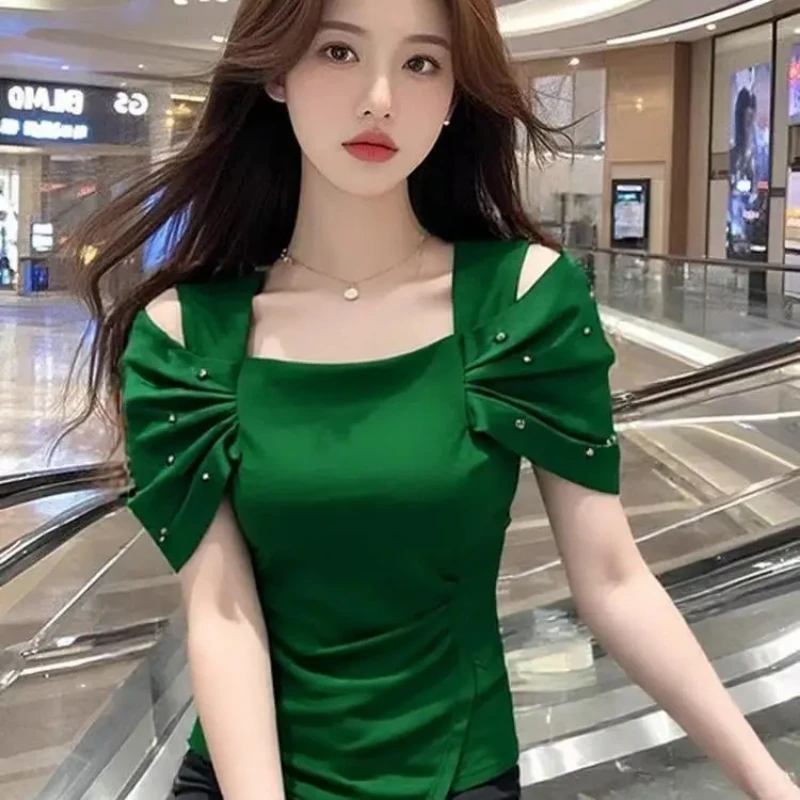 YH#新款钉钻褶袖露肩时尚修身显瘦T恤夏季小衫小众女DY13343A