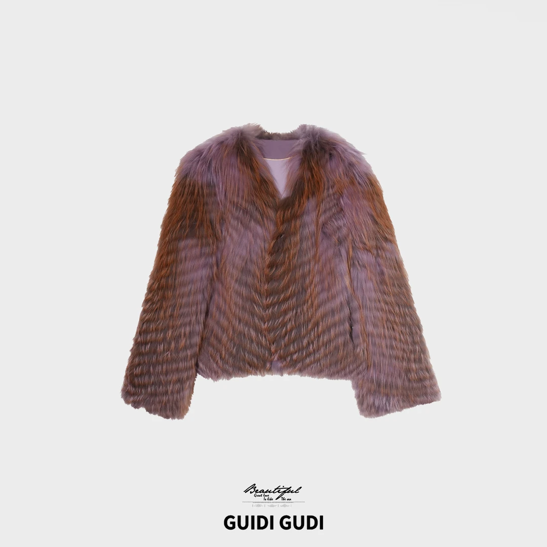 GUIDI GUDI【风雪】红狐毛渐变皮草外套/黄加蓝