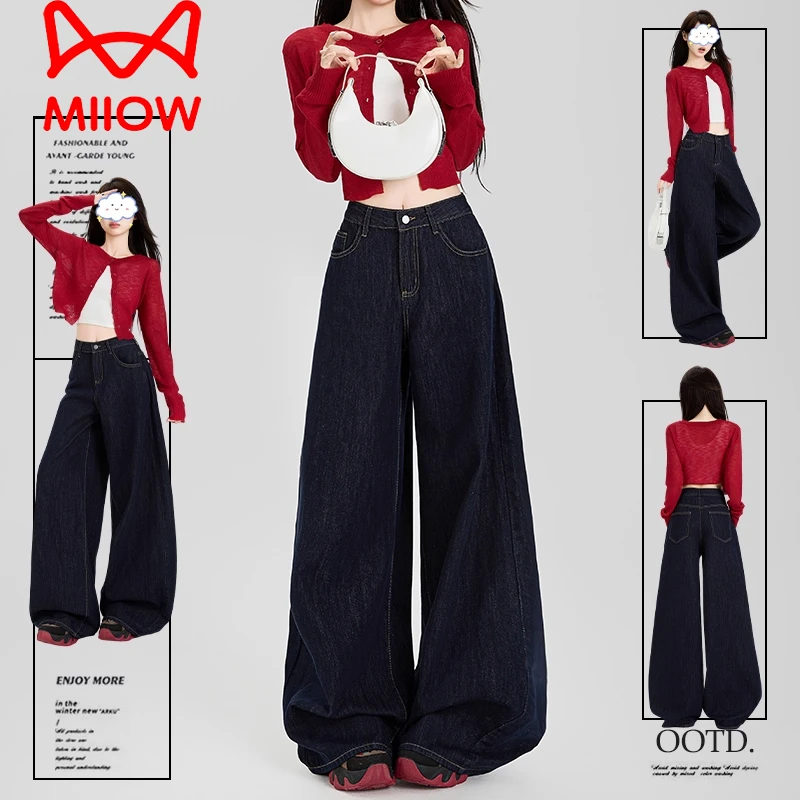MiiOW/猫人深蓝色宽松阔腿牛仔裤女秋季2025年新款高腰显瘦直筒裤