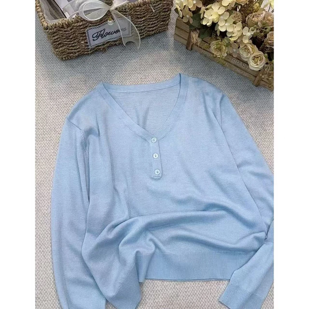 丽丽家~三颗扣篮V领长袖休闲时尚百搭女士纯色上衣322