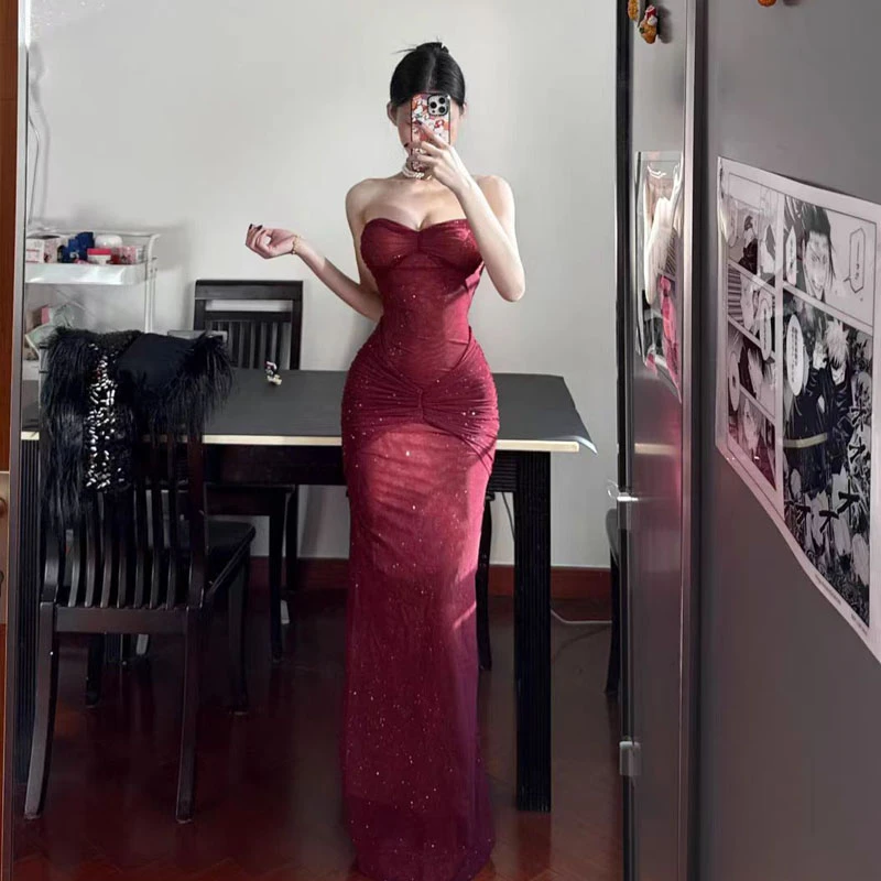 summer rose性感亮闪闪抹胸连衣裙气质优雅显瘦露背年会礼服长裙