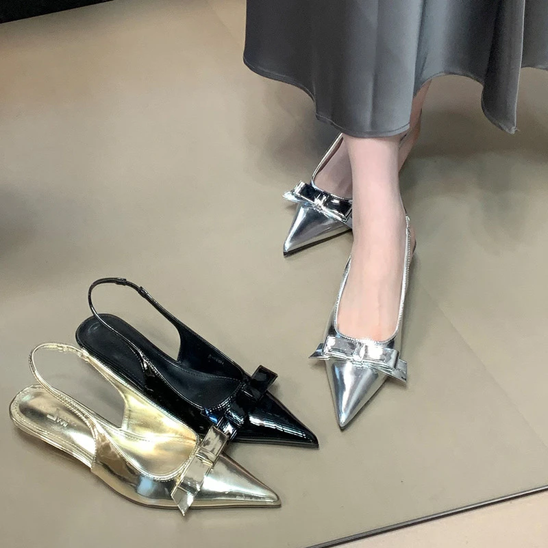 ocean one 银色尖头蝴蝶结坡跟单鞋女2025夏新款韩版后空时尚凉鞋