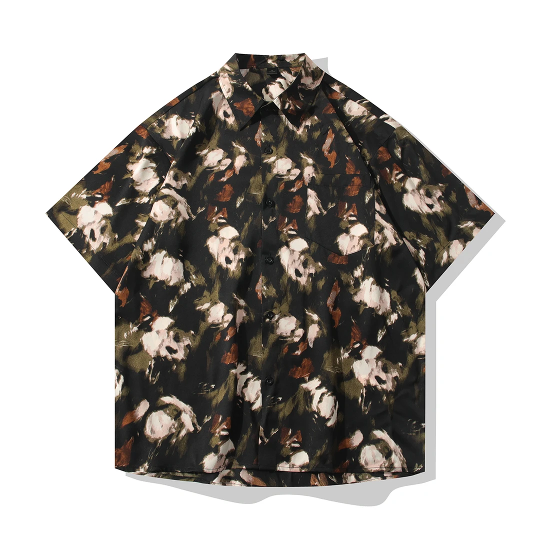 夏季冰丝免烫衬衣男度假风花卉半袖ins港风复古印花宽松短袖衬衫