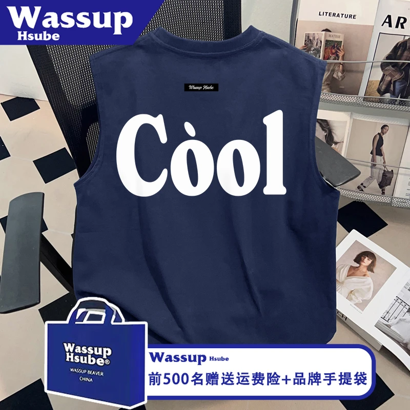 WASSUP HSUBE夏季创意字母印花纯棉上衣男女T恤藏青凉感无袖背心