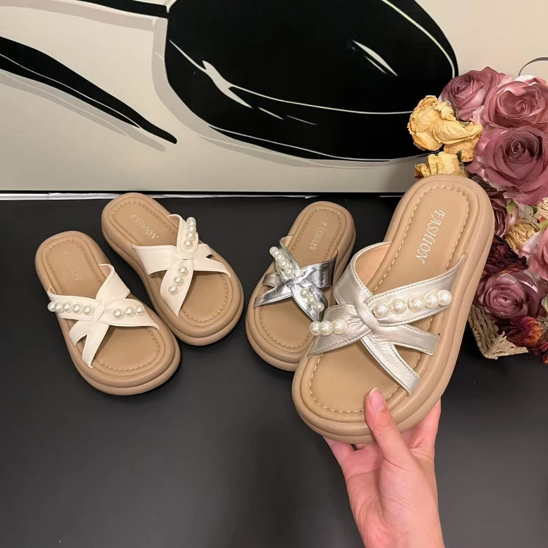厚底沙滩珍珠拖鞋女鞋2025新款夏季外穿精致高级感配裙子凉拖鞋HL