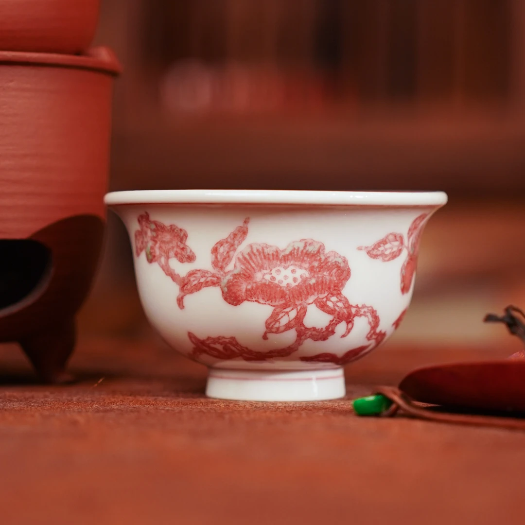 正德御窑亦然堂釉里红牡丹压手杯茶具中式茶道纯手工陶瓷中式茶杯