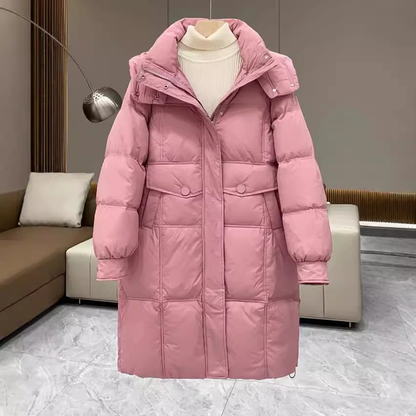跨境秋冬新款欧洲站连帽羽绒服女中长款减龄加厚保暖白鸭绒外套潮
