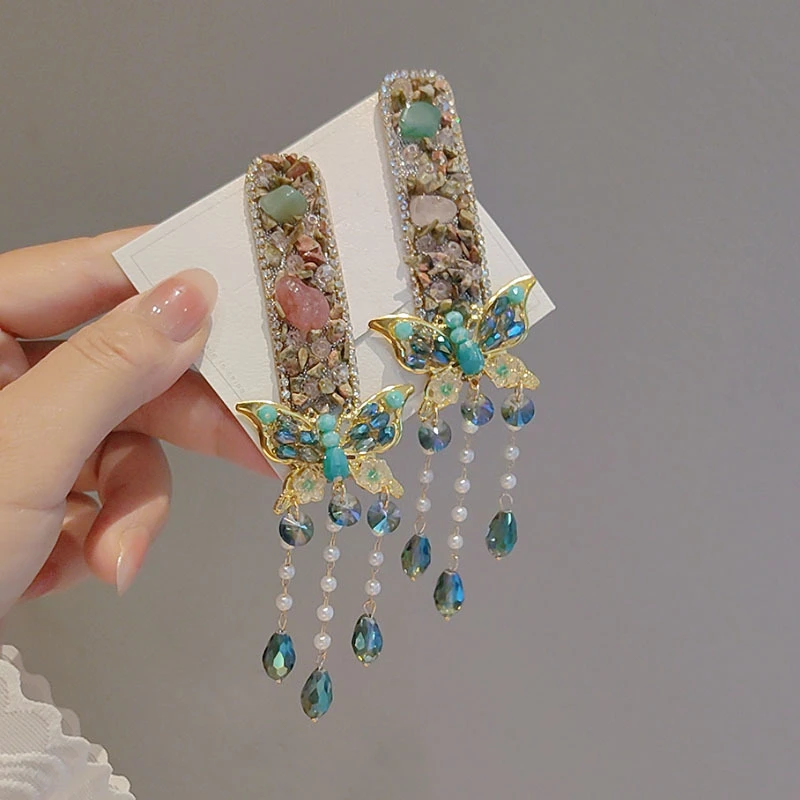 新中式复古绿色水晶蝴蝶流苏发夹2新品春夏氛围感侧边夹bb夹发饰