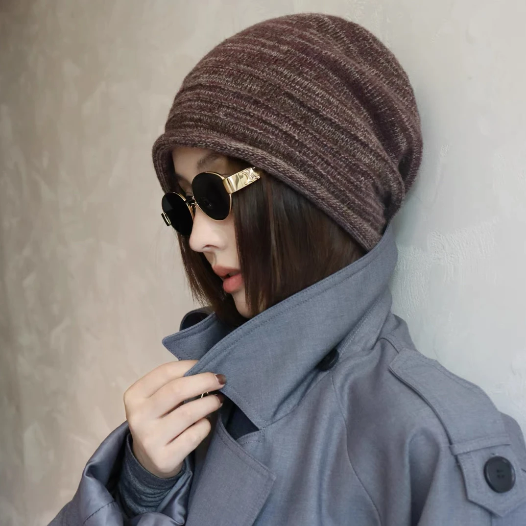 大头围韩系后堆毛线堆堆帽檐圆顶卷檐时尚帽子秋冬针织帽