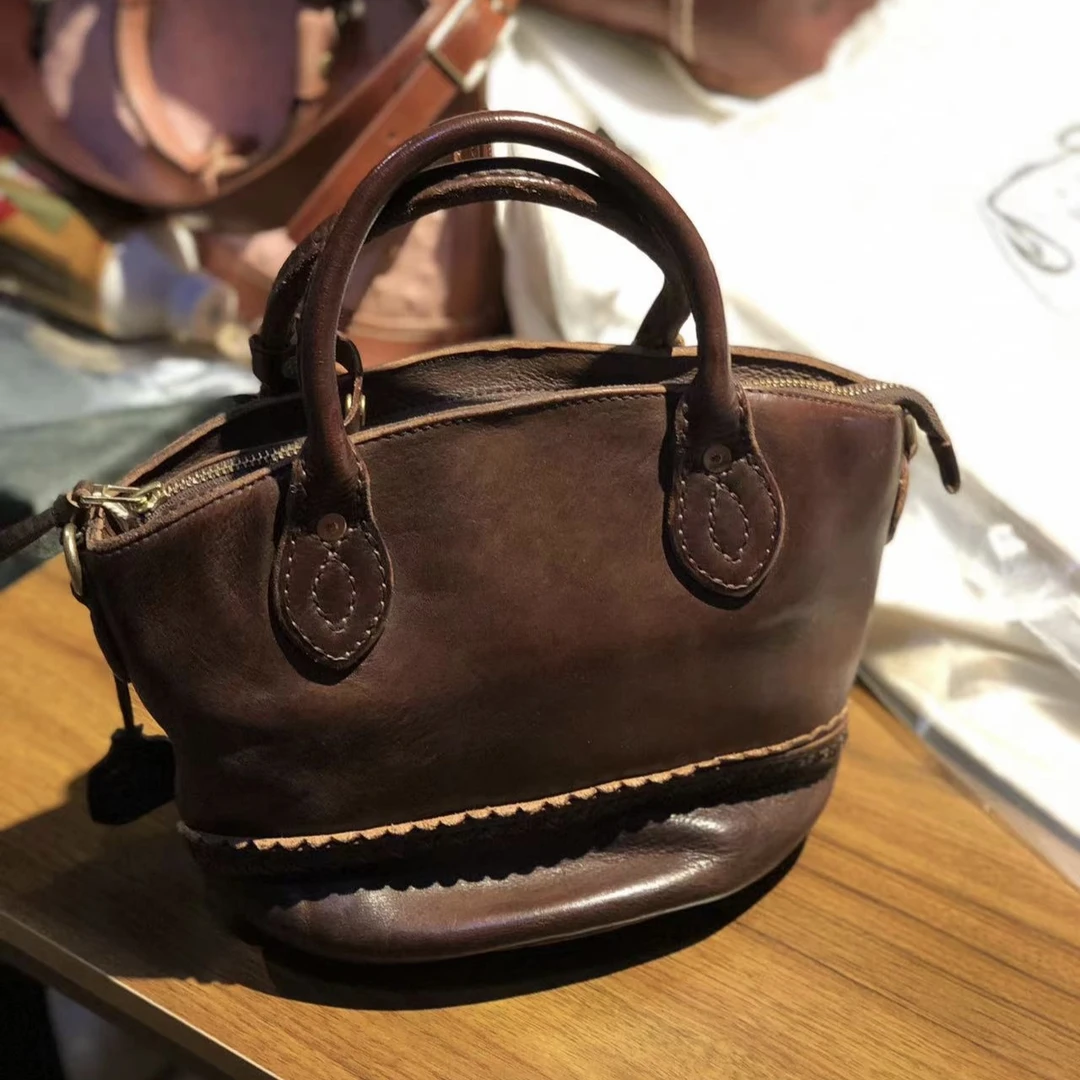 制道手工女士单肩斜挎手提包复古头层植鞣牛皮贝壳包简约百搭通勤