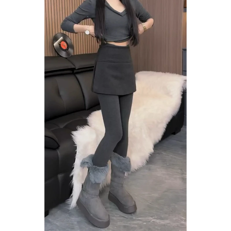 大码女装小香风假两件开叉短裤裙女冬季好看加厚显瘦高腰半身裙子