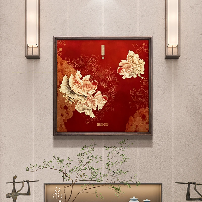 黄铜《鸿运当头》金鱼福寿临门红色年年有鱼餐厅玄关入户铜彩装饰画