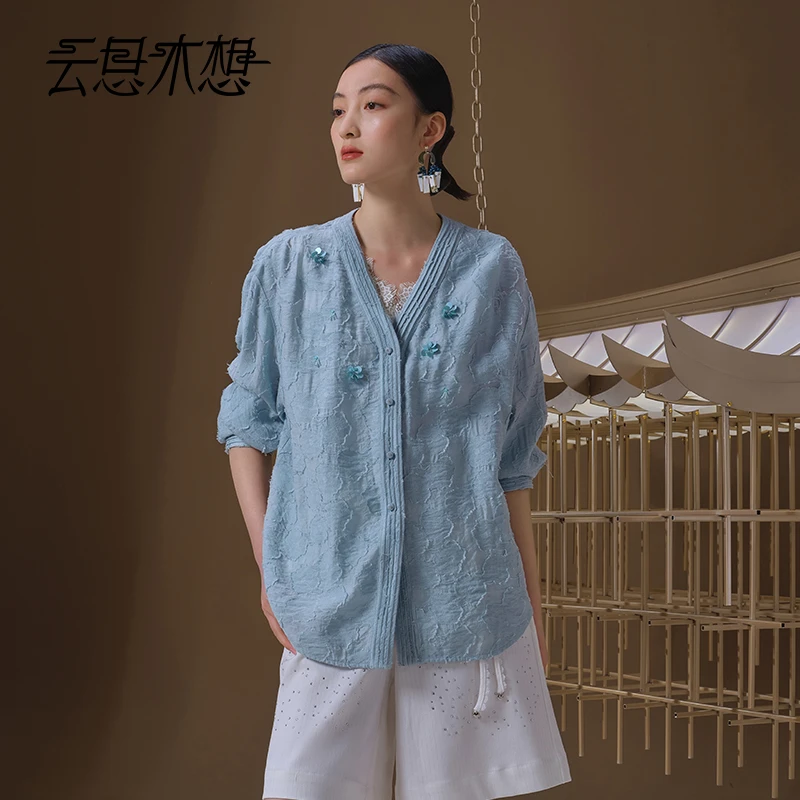 Ysimo-X云思木想 星花梦兰 手工钉珠花提花V领长袖柔软衬衫12697