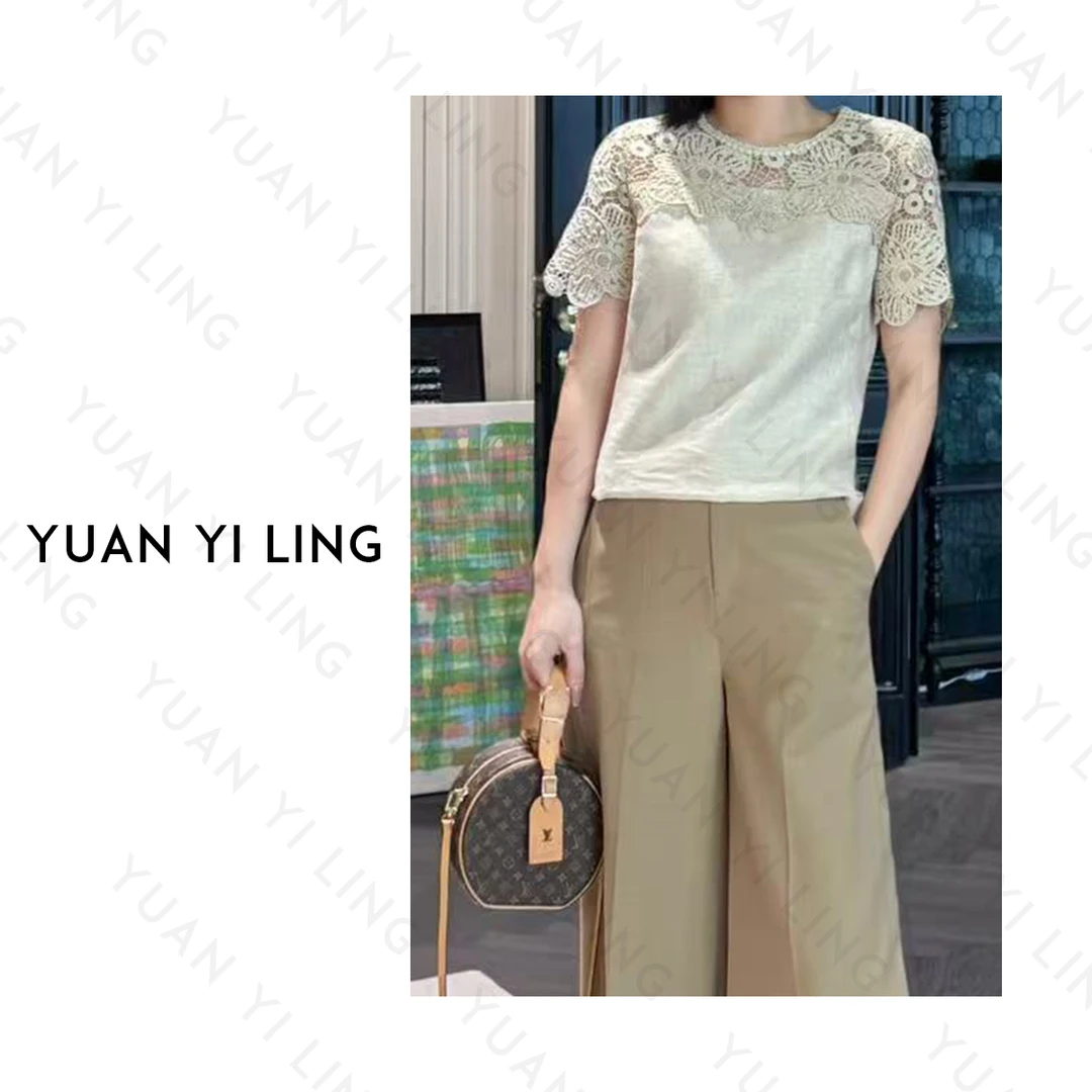 袁艺灵【尼罗花园】夏季款重工金丝亚麻定制水溶蕾丝拼接 女装短T恤