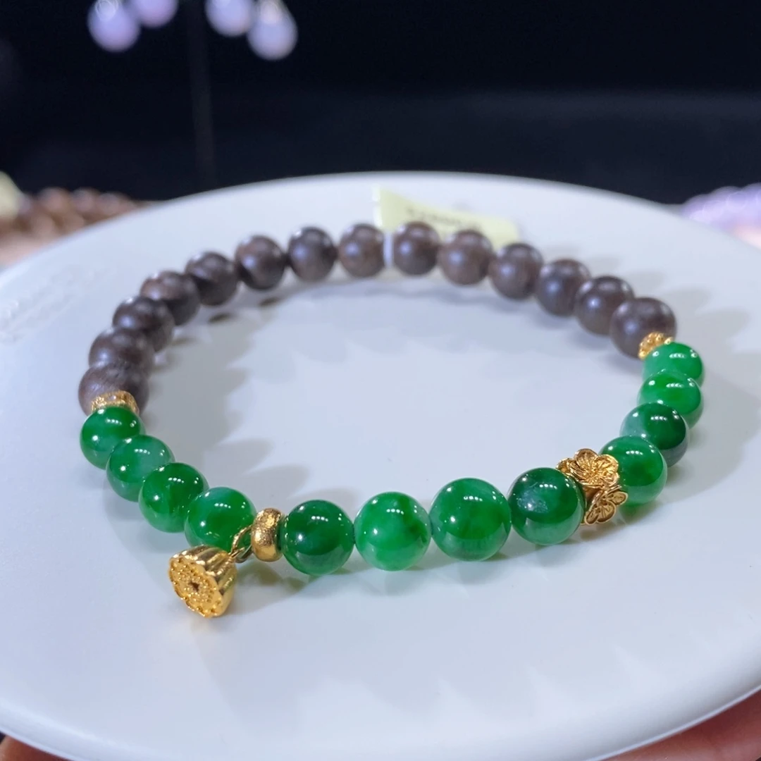 翡翠18K金镶嵌颈饰翡翠18k金辣绿小珠手串6+mm