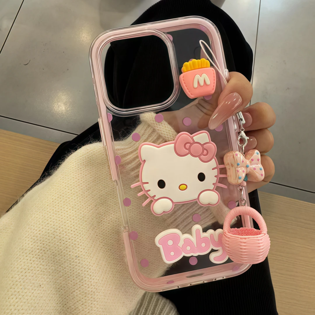 新款粉波点可爱KT带篮子链条适用苹果16promax手机壳i15/14/13潮