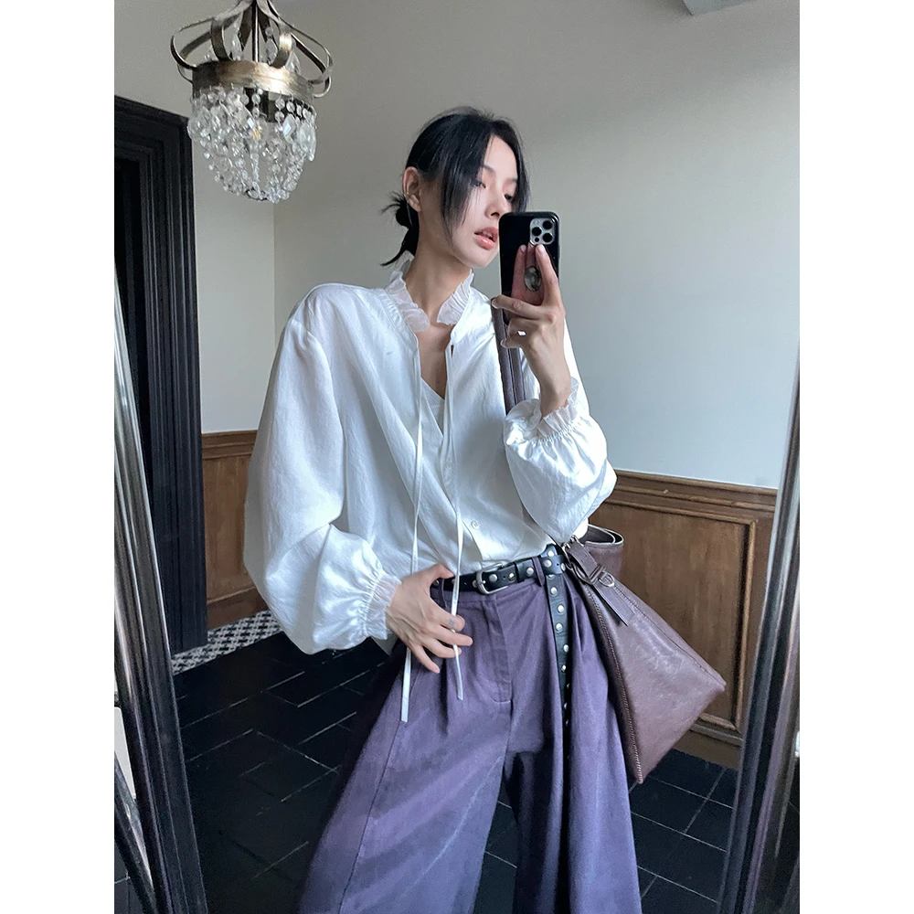 JCCC影子【屋上月白】白色极简法式V领绑带拼纱长袖衬衫JE4DSC20