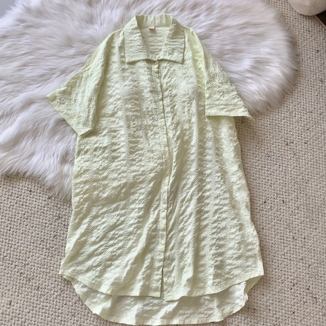 带胸垫睡裙夏季薄款云朵棉提花纯色梭织翻领纽扣中长款宽松衬衫裙