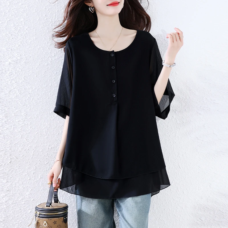 大码女装2025夏季新款显瘦胖mm雪纺衫气质上衣遮肉时尚小衫女6061