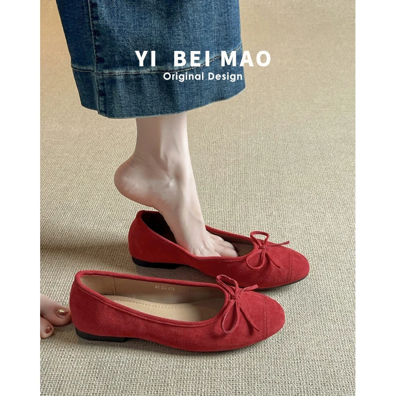 流光风~红色芭蕾舞鞋女平底单鞋蝴蝶结复复古方头羊皮玛丽珍单鞋